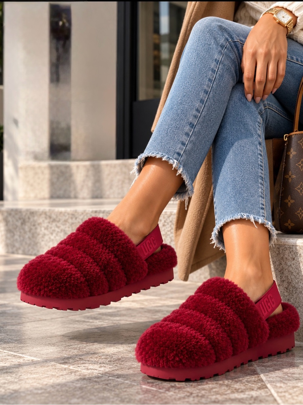 UGG Fluff Yeah Burgundy Shearling Slingback Slippers – Women’s Size 12